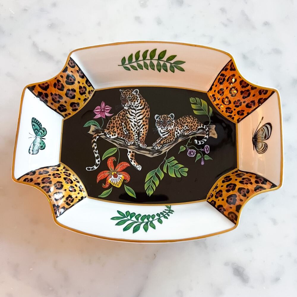 Vintage Lynn Chase 8in Jaguar Jungle Trinket Tray Octagonal Gold Trinket Black